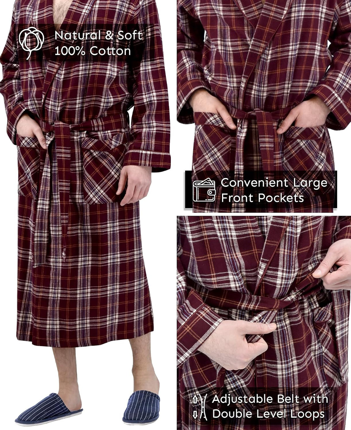 Andrew Scott Mens' Robe with Hoodie| Cotton Flannel Brush Plaid | All Season | Full Length House Robe