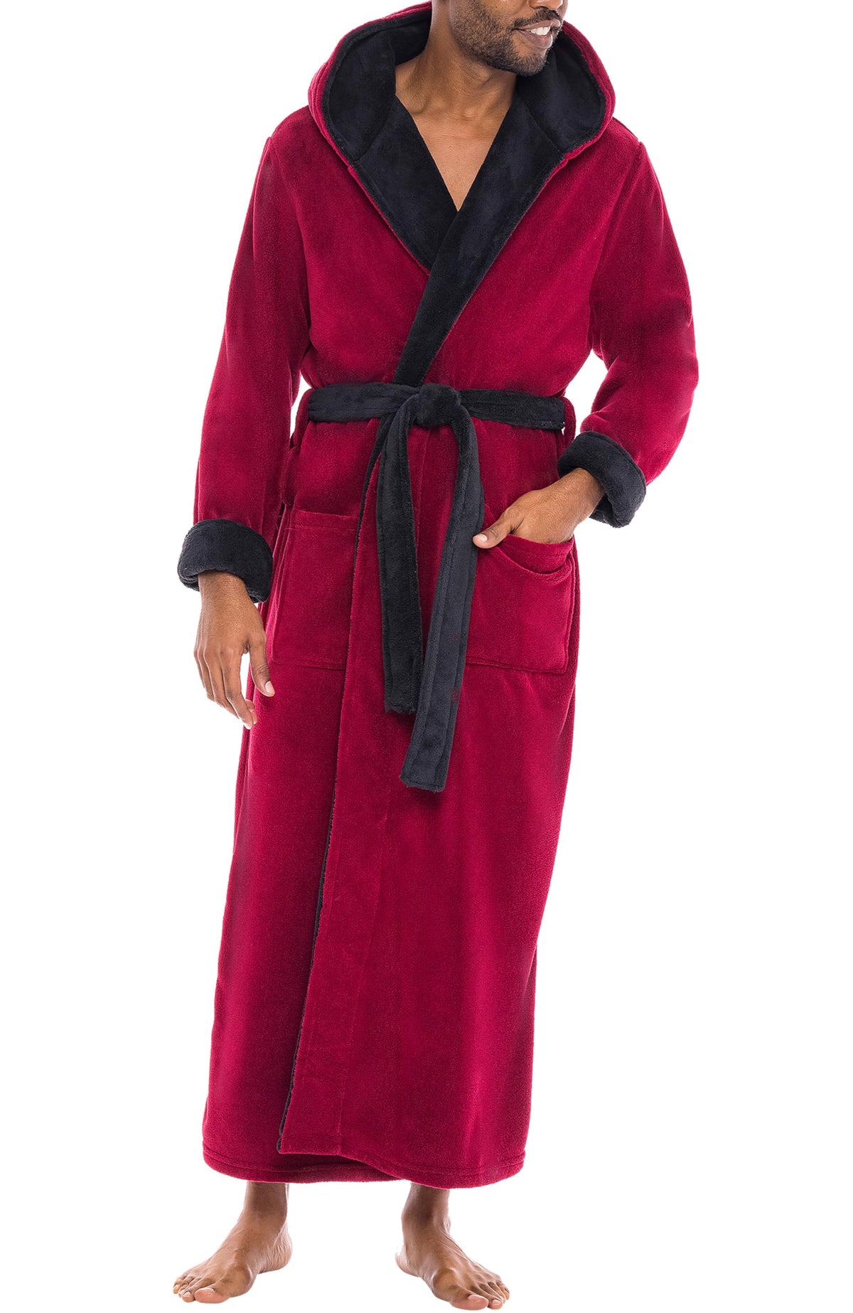 Men's Plush Fleece Hooded Robe with Pockets, Long Bathrobe