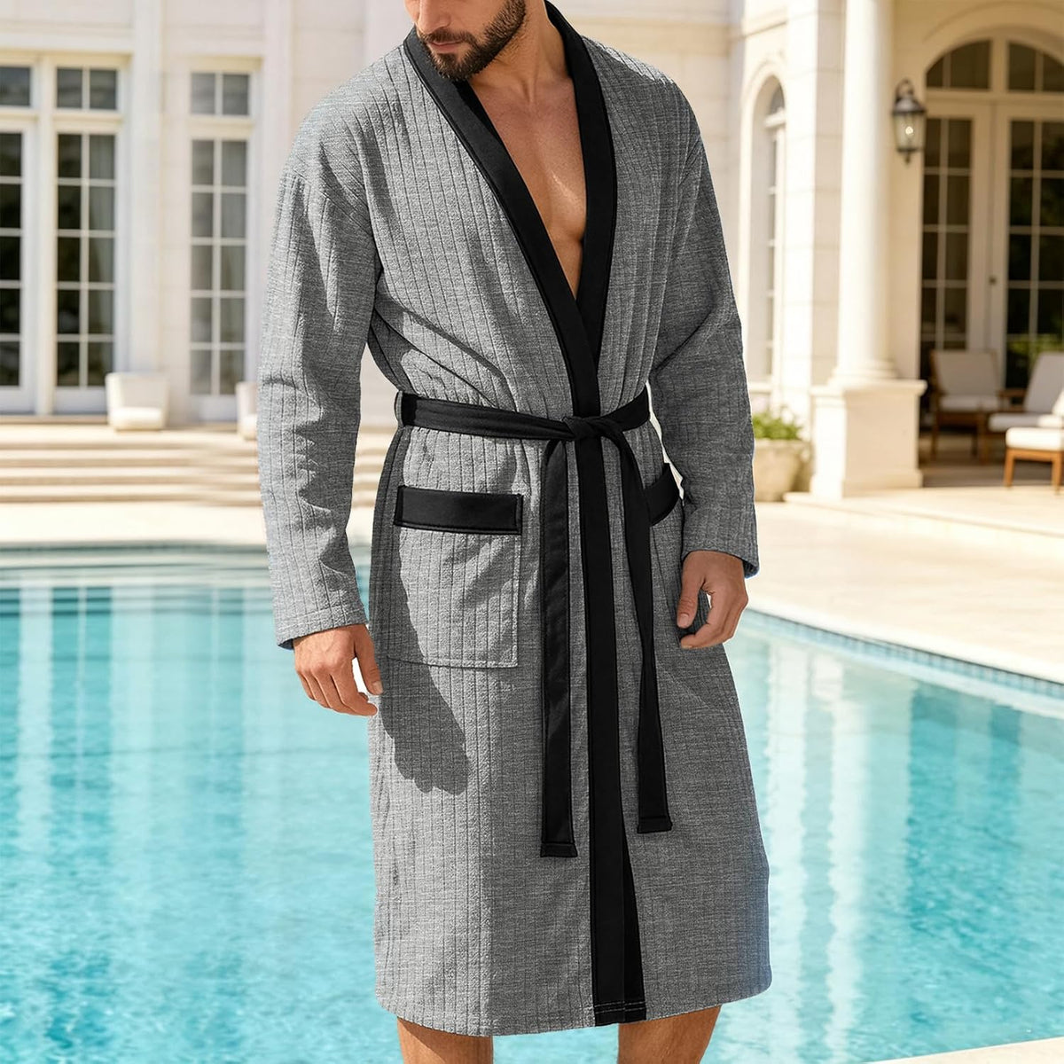 Mens Robes Lightweight Mid Length Summer Robe Comfy Soft Dude Robe with Pockets Long Sleeve Kimono Bathrobe Sleepwear