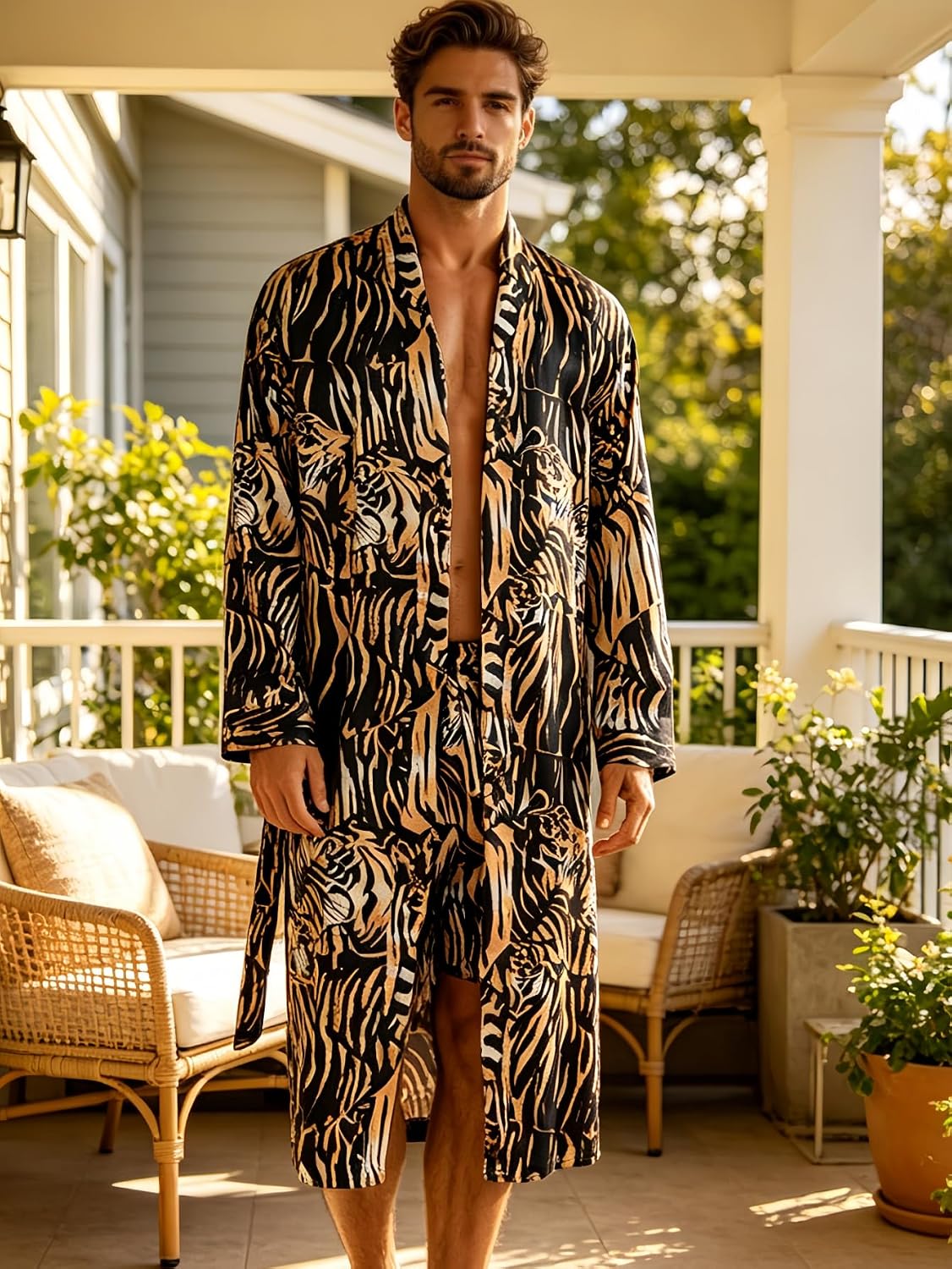 Men's Luxury Satin Robe with Tiger Print Pattern, Long Sleeve Kimono Style Bathrobe, 2 Pack