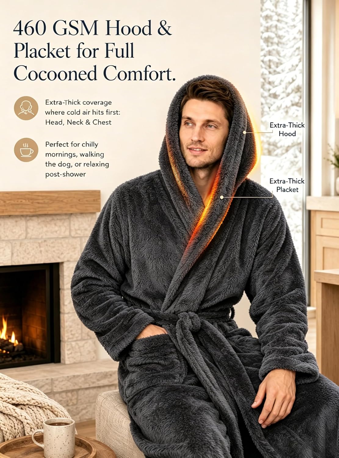 ToastyLife Mens Soft Plush Fleece Long Robe, Hooded Bathrobe with Pockets
