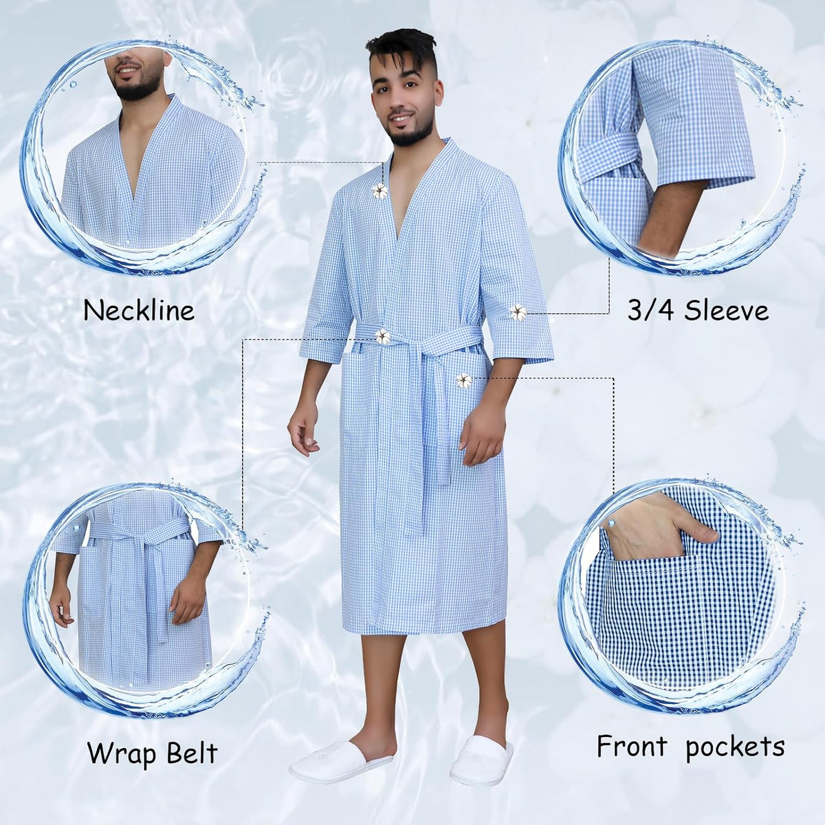 Mens Bathrobe, Lightweight Cotton Short Sleeve Silky Bath Robe for Men