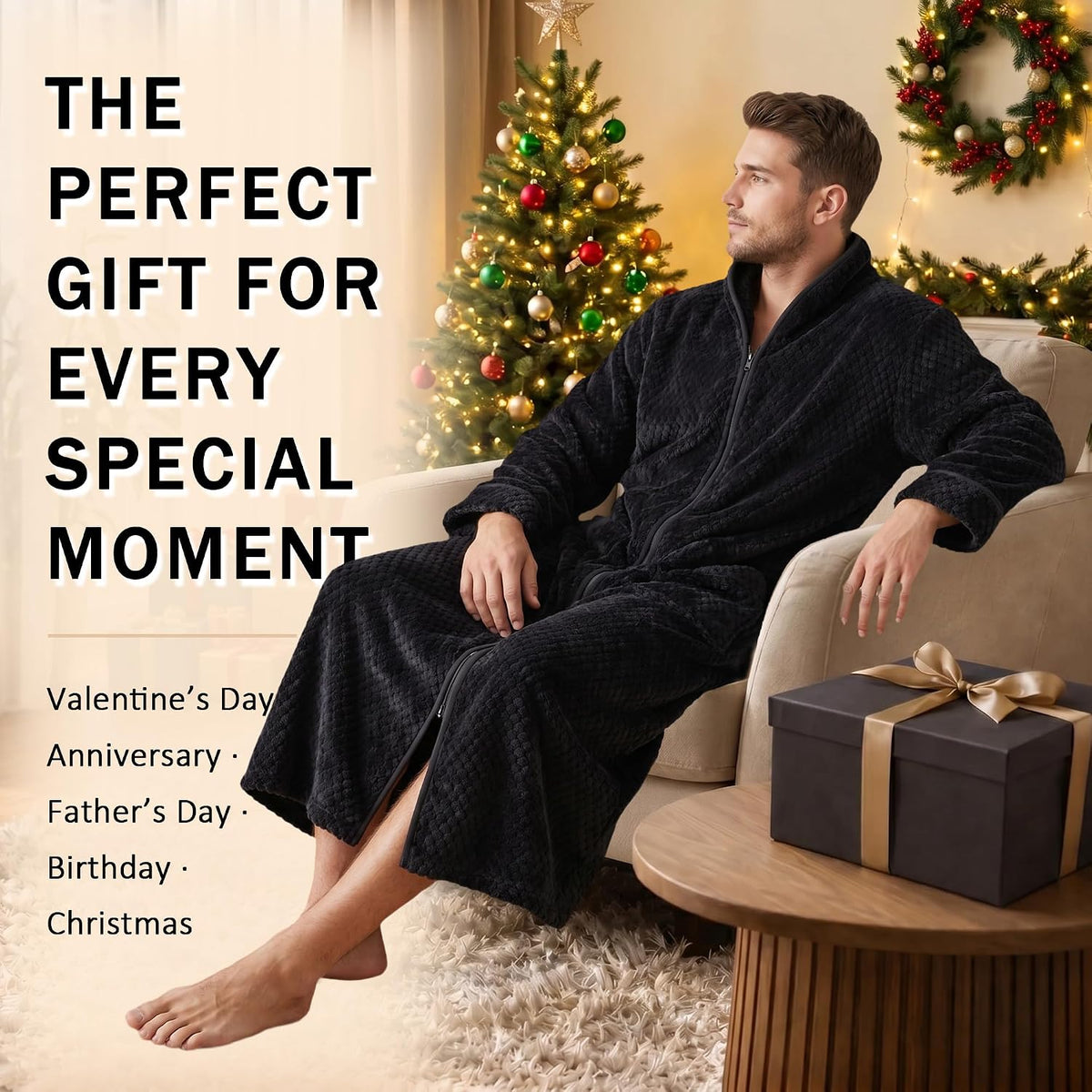 U2SKIIN Men's Fleece Zippered Bathrobe, Soft Plush Robe