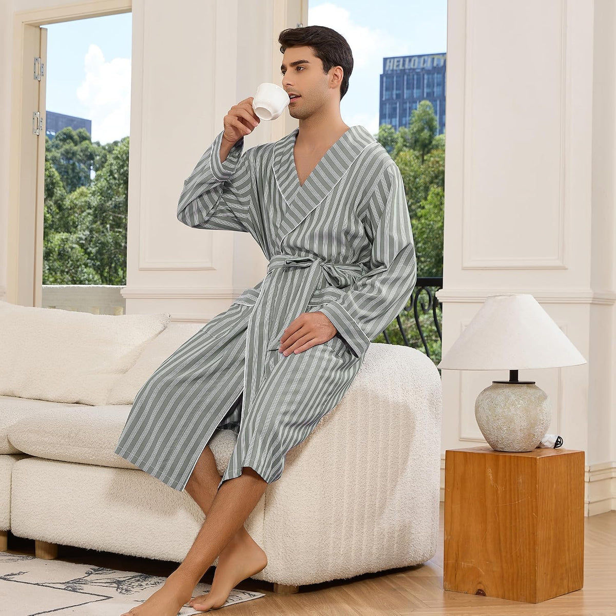 Vulcanodon Mens Robe, Lightweight Breathable Kimono Bathrobe, Soft Sleepwear