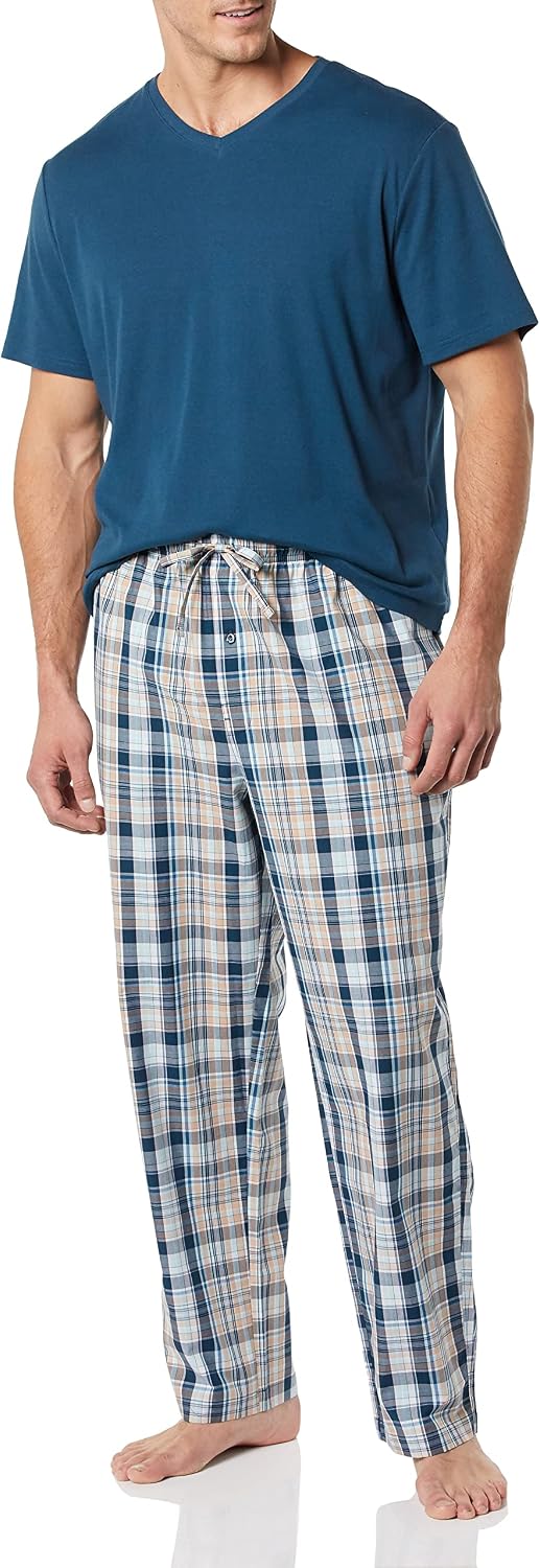 Amazon Essentials Men's Cotton Stretch Poplin Pant with Cotton Jersey T-Shirt Pajama Set