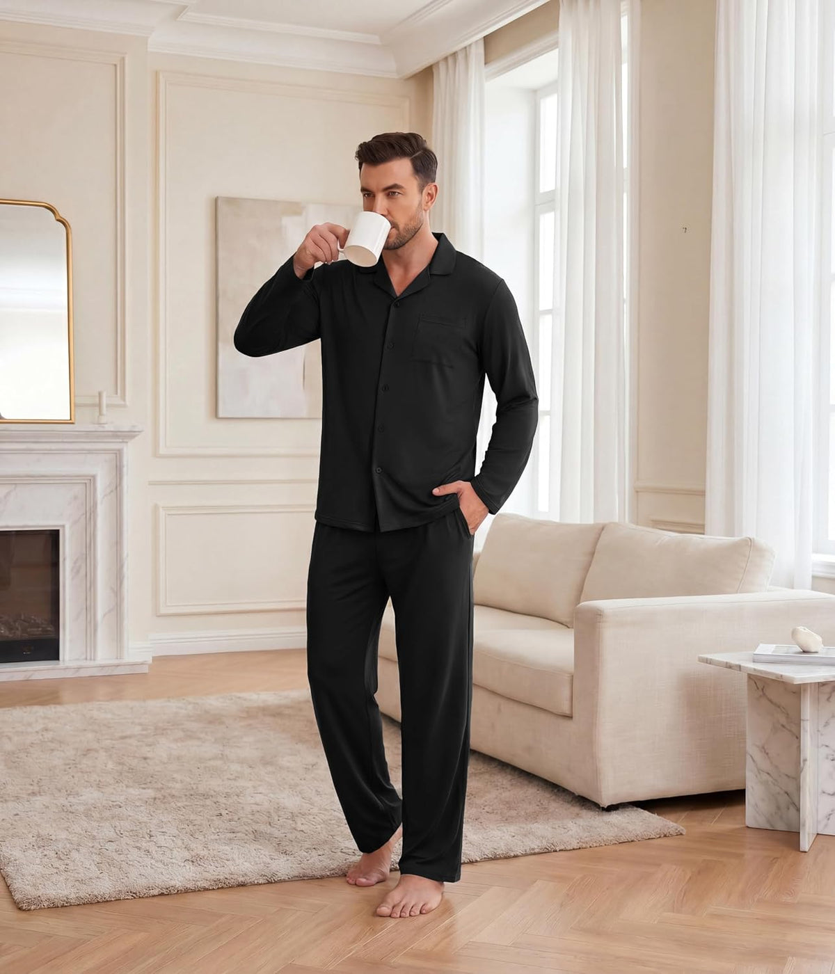 Ekouaer Mens Pajamas Set Long Sleeve Button Down Pjs Long Pants with Pocket