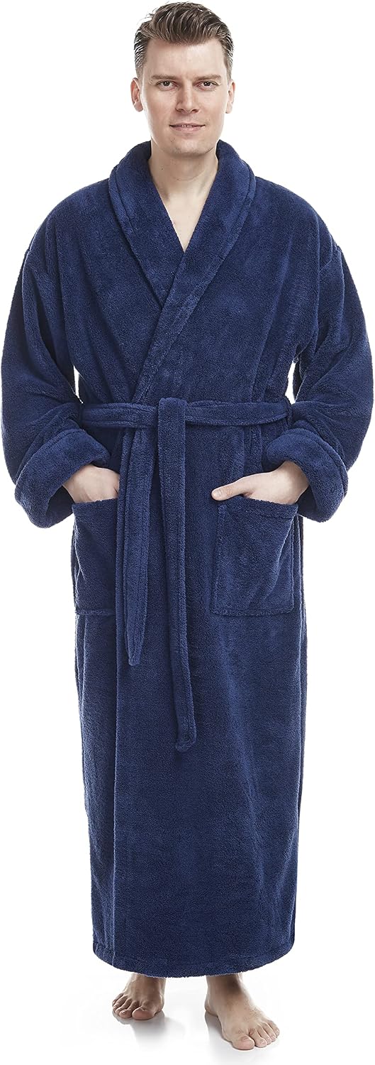 Arus Men's Shawl Collar Full Length Tall Long Fleece Robe, Turkish Bathrobe