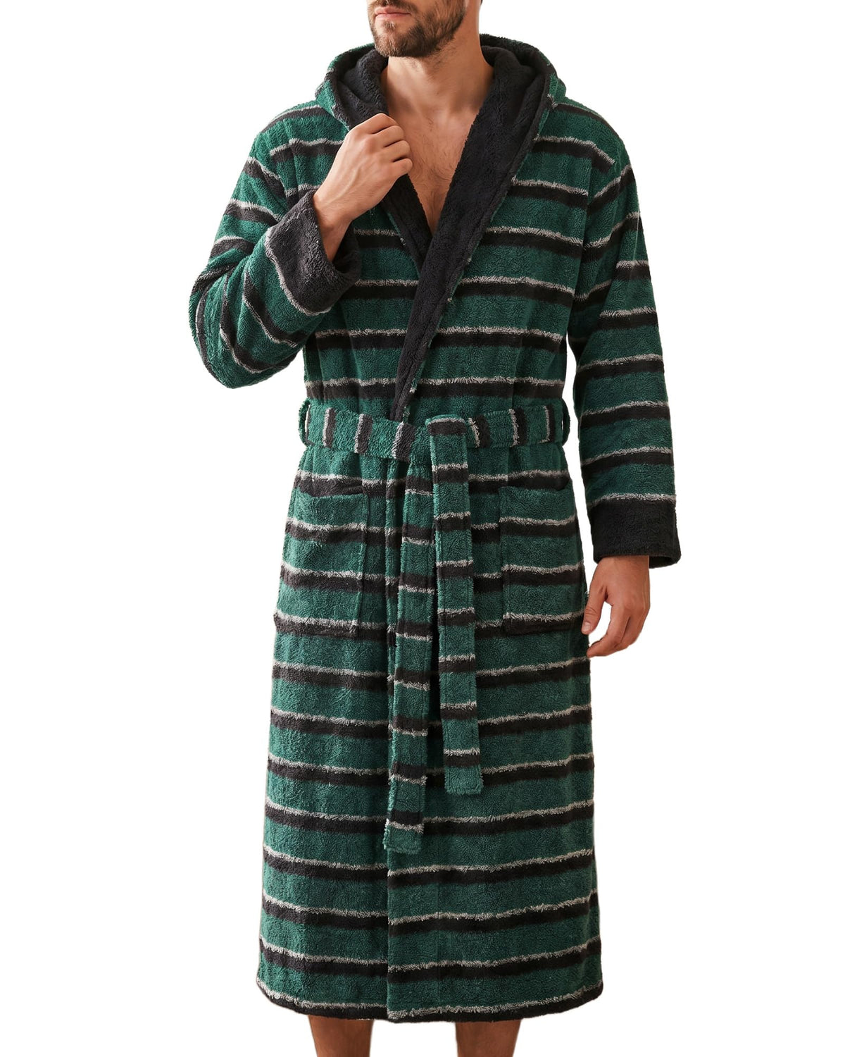 Vulcanodon Men Robe Hooded Striped Bathrobe Soft Plush Spa Robe Pockets