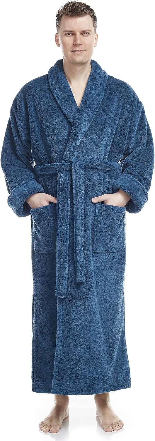 Arus Men's Shawl Collar Full Length Tall Long Fleece Robe, Turkish Bathrobe