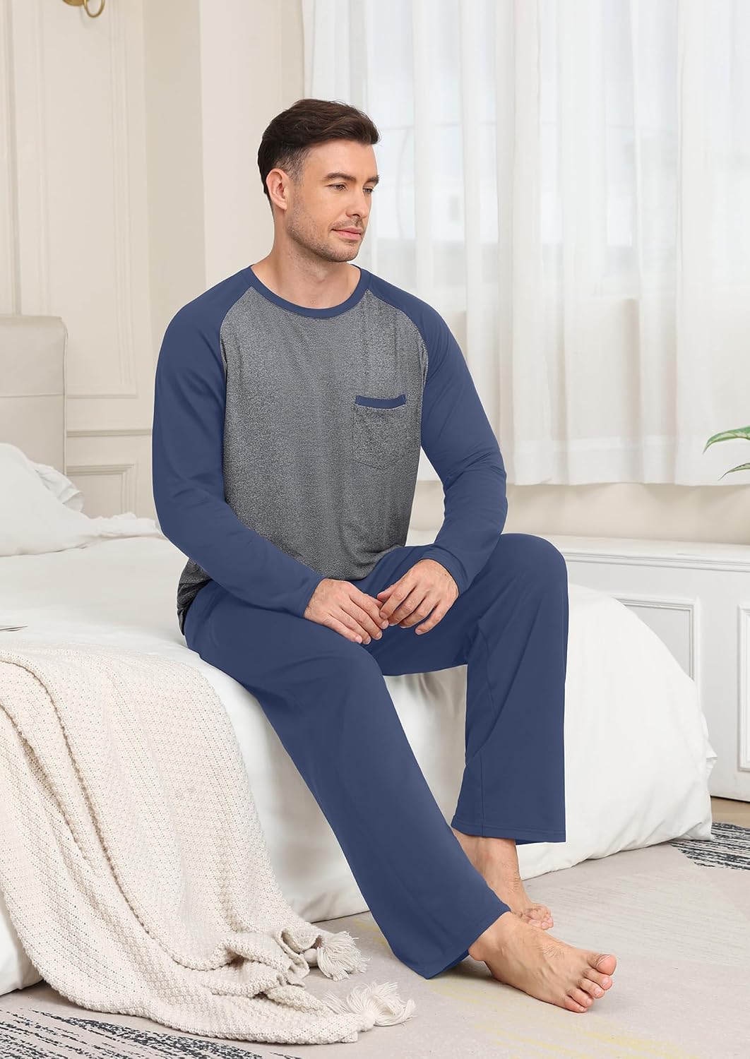 Mens Pajamas Set,Long Sleeve T Shirt Pjs Soft 2 Piece Loungewear With Pants