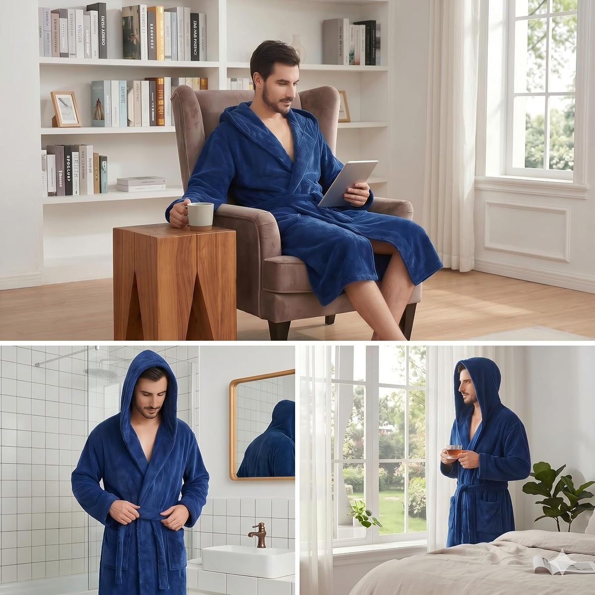 FashGudim Mens Hooded Robe Plush Shawl Collar Kimono Bathrobe Soft Warm Flannel Fleece Spa Robes House Coat Pajamas