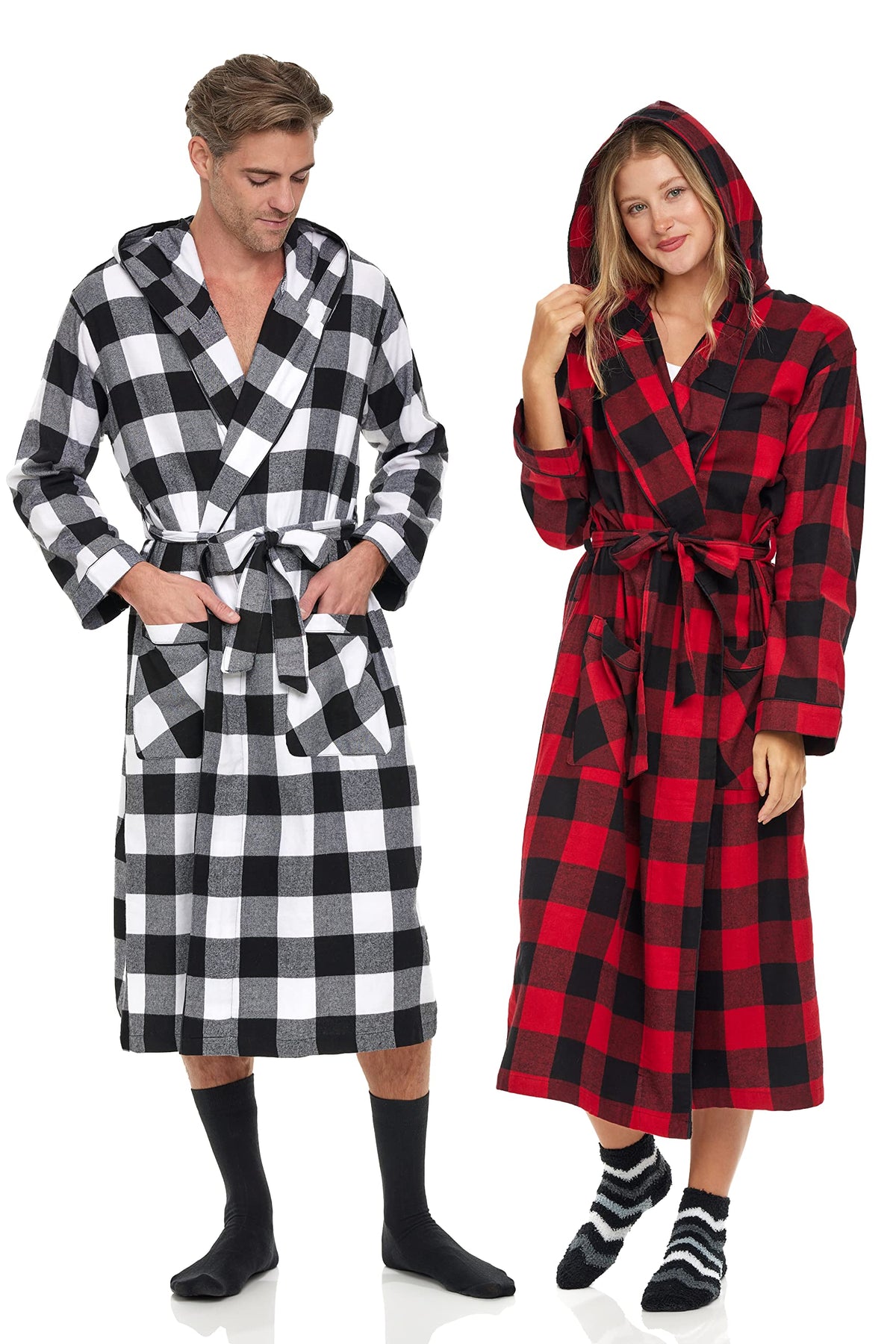 Andrew Scott Mens' Robe with Hoodie| Cotton Flannel Brush Plaid | All Season | Full Length House Robe