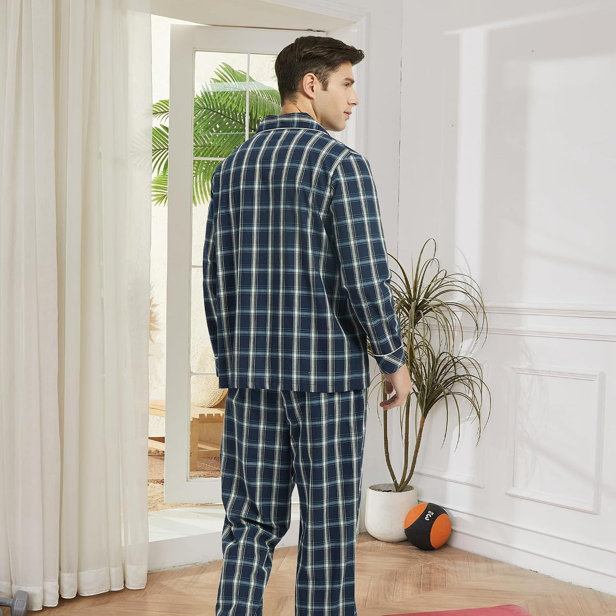 Vulcanodon Mens Cotton Pajama Set, Plaid Button Down Woven Sleepwear