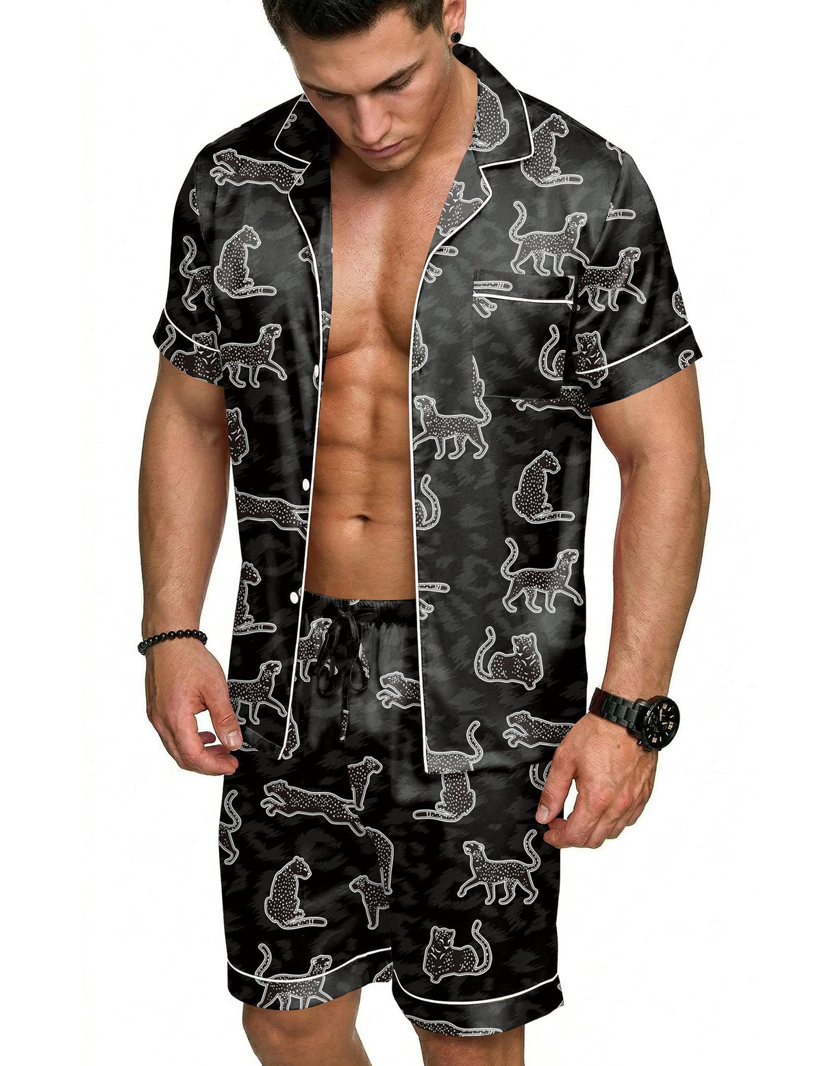 Ekouaer Mens Silk Satin Pajamas Set Short Sleeve Button Up Lounge Pjs Set