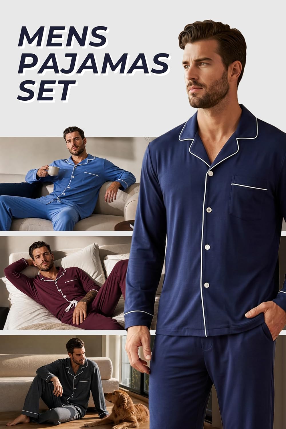 Vulcandon Mens Cotton Pajamas Set, Button Down Sleepwear 2 Piece PJs