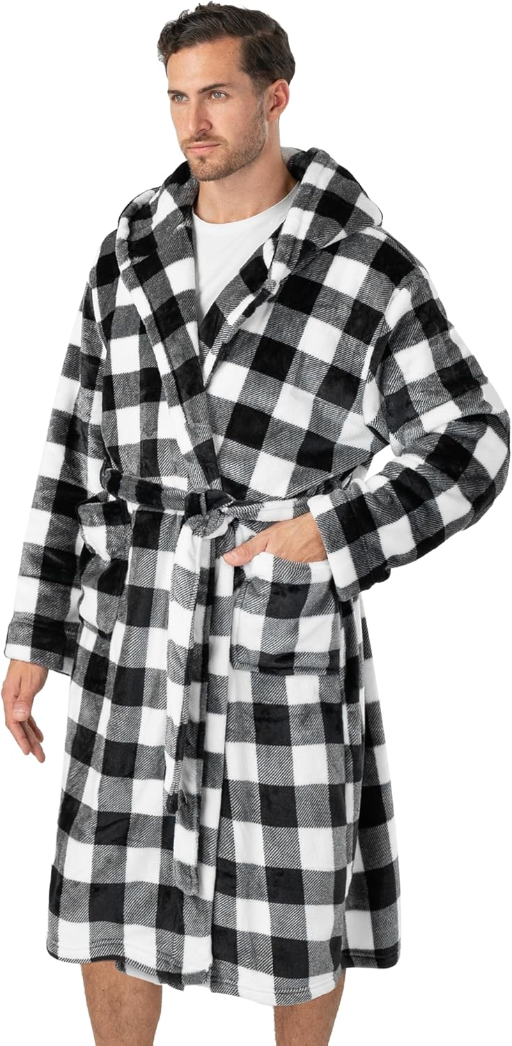 PAVILIA Mens Fleece Robe, Hooded Bathrobe with Shawl Collar, Pockets & Belt