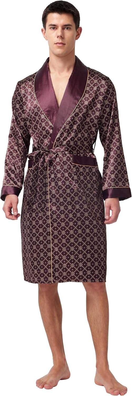 Mens Satin Robe Long Sleeve Silk Kimono Bathrobe with Shorts Set Sleepwear