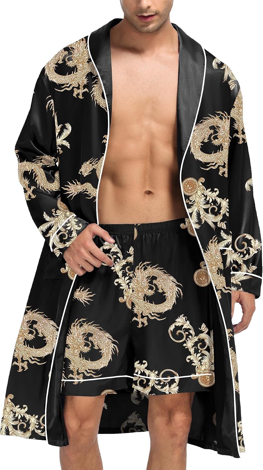 SWOMOG Men's Satin Robe Silky Kimono Bathrobe with Shorts Set Lightweight Soft Loungewear Nightwear