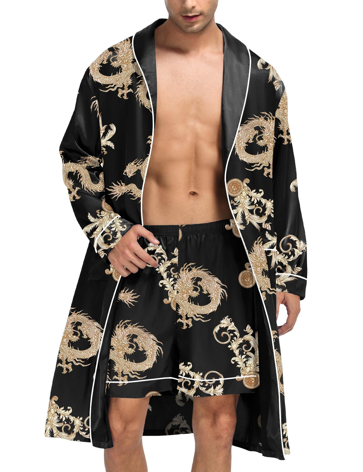 SWOMOG Men's Satin Robe Silky Kimono Bathrobe with Shorts Set Lightweight Soft Loungewear Nightwear