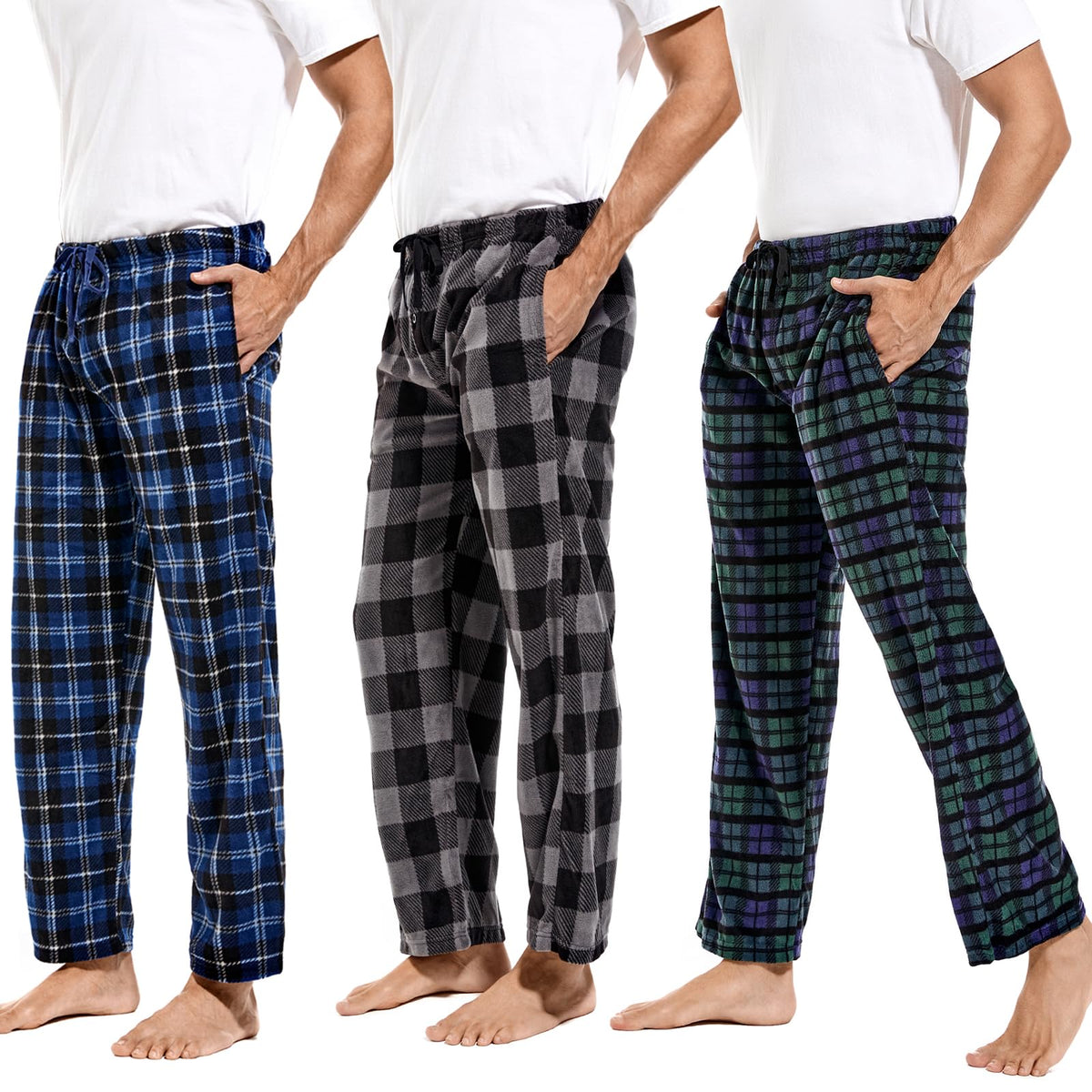 DG Hill 1Pack or 3Pack Mens PJ Pajama Pants Bottoms Fleece Lounge Pants Sleepwear Plaid PJs with Pockets Microfleece