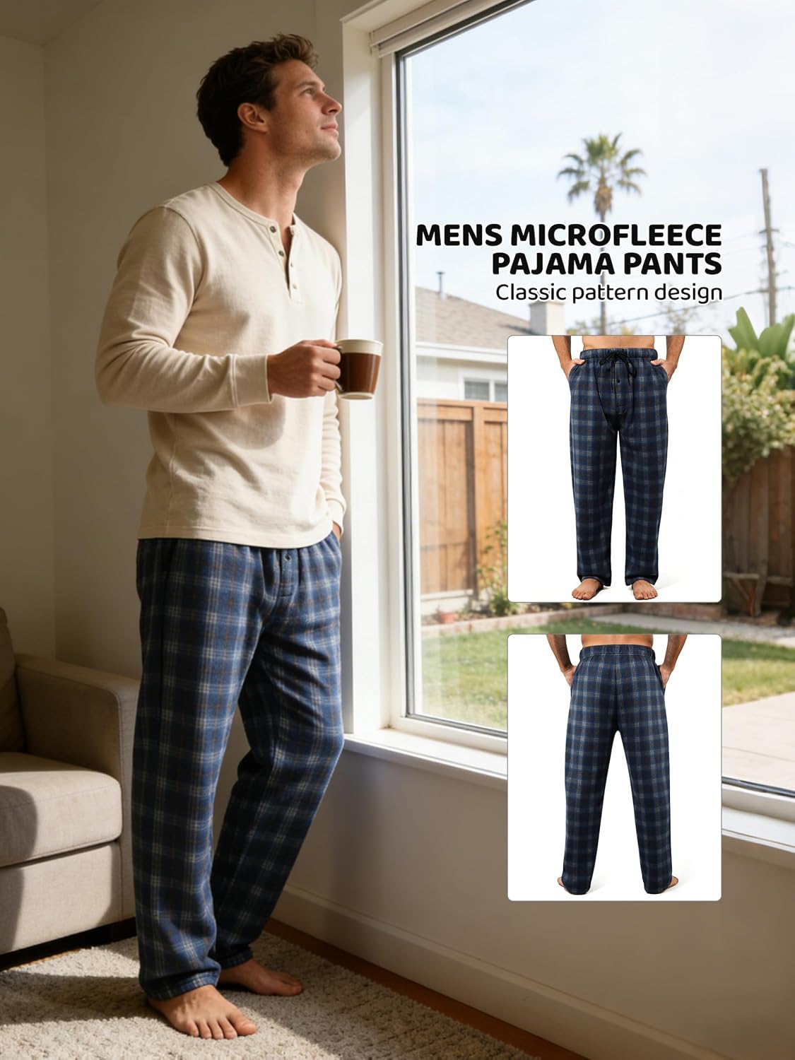 3 Pack Mens Pajama Pants Microfleece Plaid Sleep Lounge PJ Bottoms