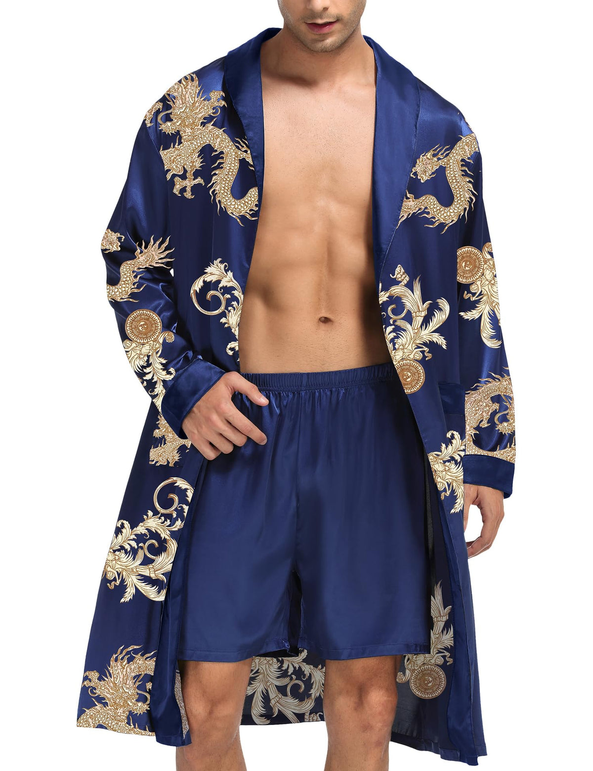 SWOMOG Men's Satin Robe with Shorts Set Silky Kimono Bathrobe Lightweight Soft Sleepwear