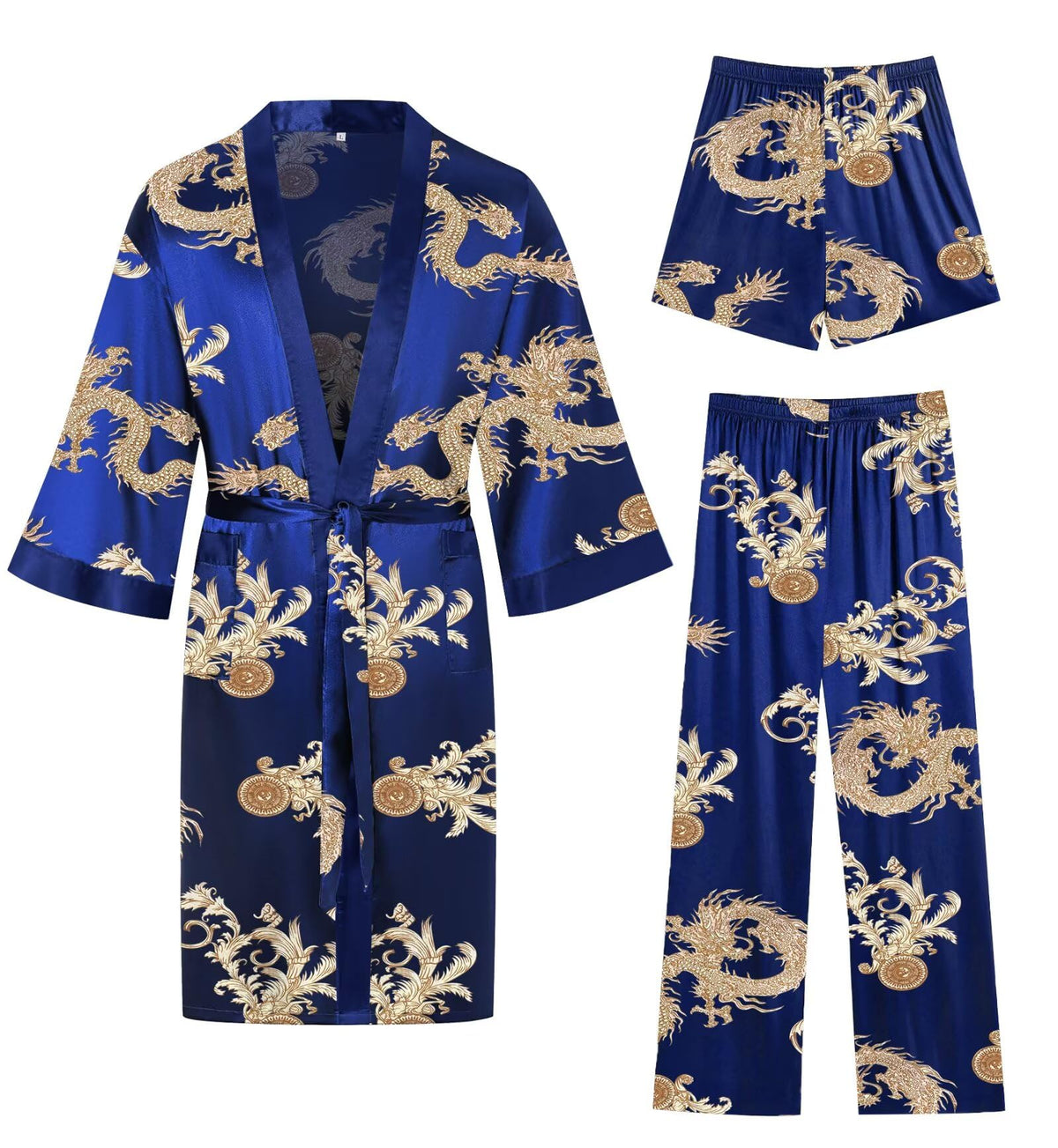 SWOMOG 3Pcs Men's Satin Robe Silk Satin Kimono Bathrobe with Shorts&Pants Set Soft Lightweight Nightwear