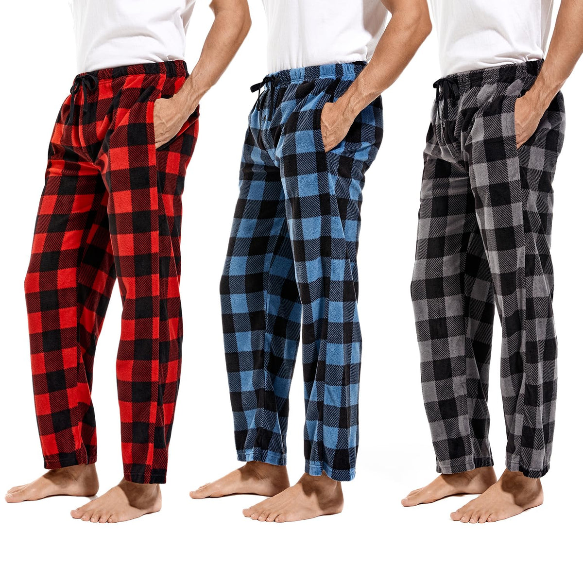 DG Hill 1Pack or 3Pack Mens PJ Pajama Pants Bottoms Fleece Lounge Pants Sleepwear Plaid PJs with Pockets Microfleece
