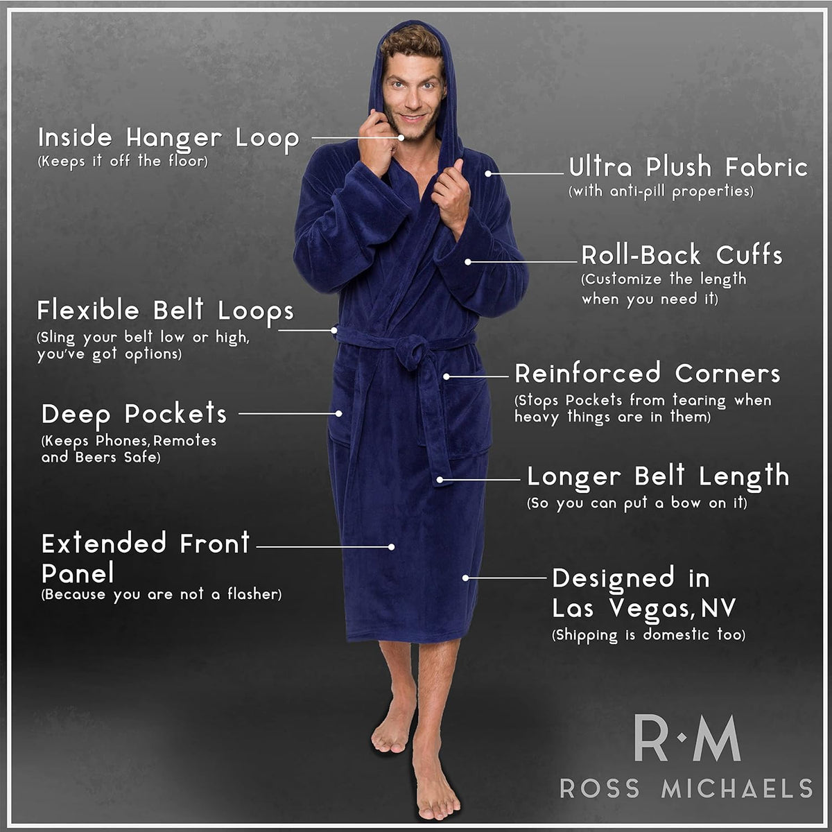 Ross Michaels Mens Robe Hooded Wrap Style - Mid Length Plush Fleece Bathrobe