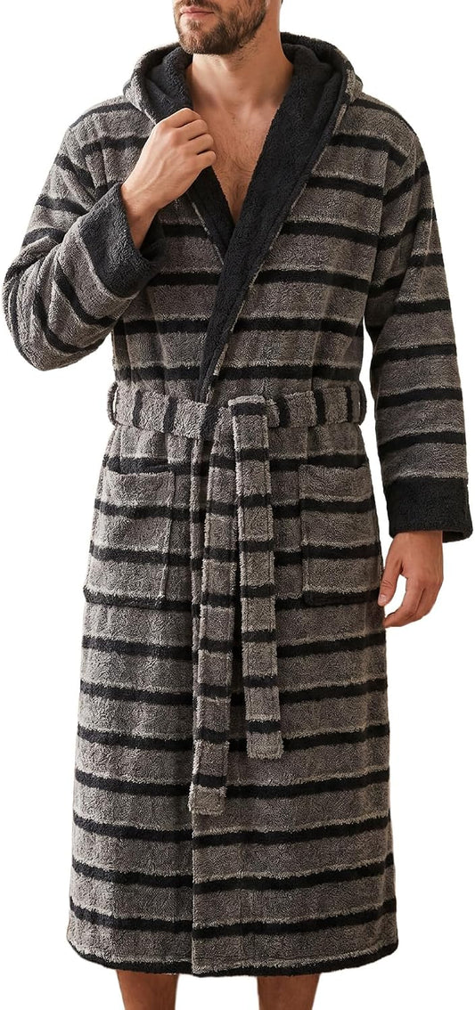 Vulcanodon Men Robe Hooded Striped Bathrobe Soft Plush Spa Robe Pockets