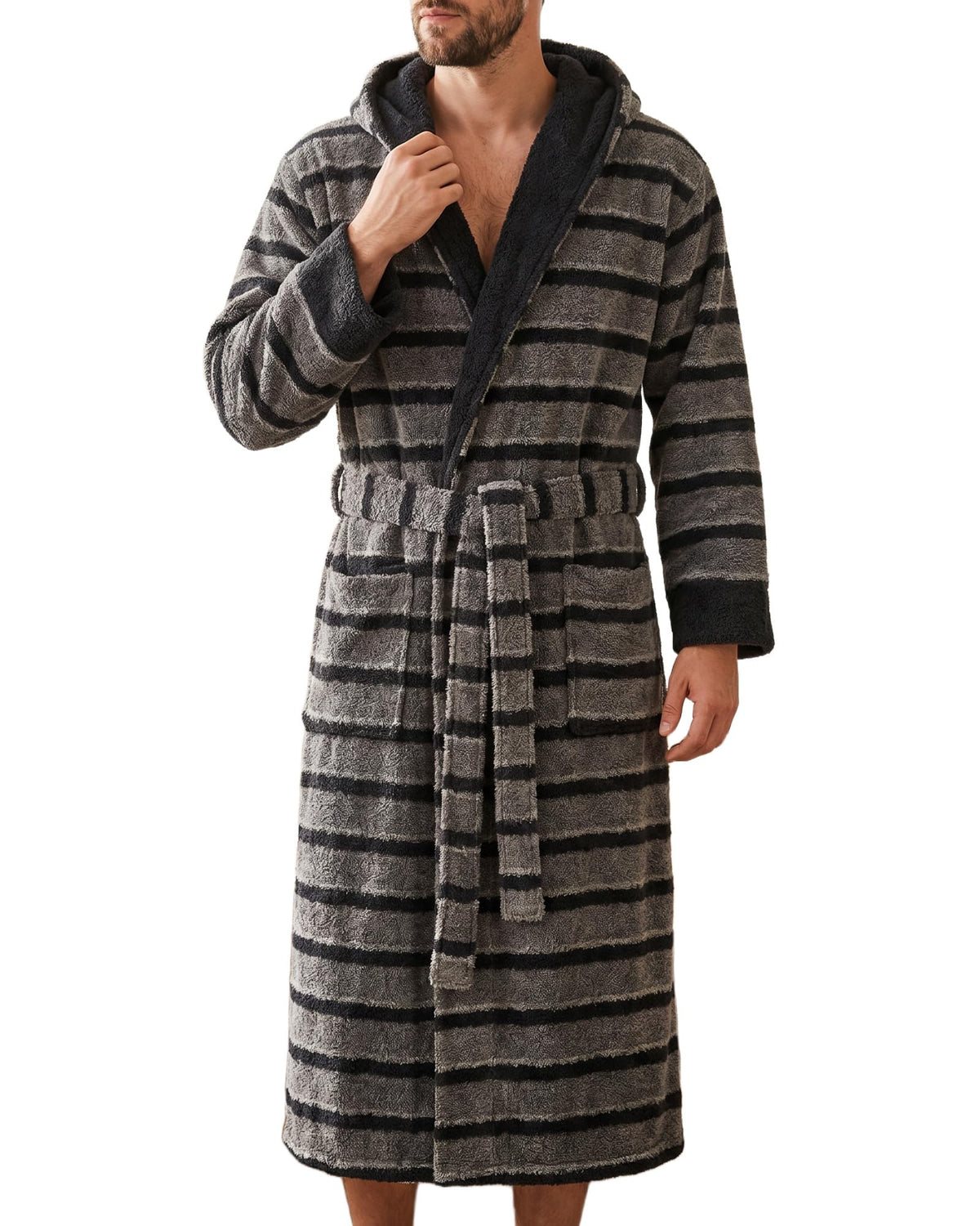 Vulcanodon Men Robe Hooded Striped Bathrobe Soft Plush Spa Robe Pockets