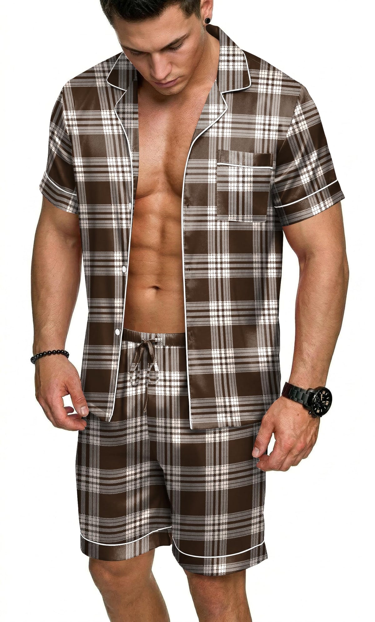 Ekouaer Mens Silk Satin Pajamas Set Short Sleeve Button Up Lounge Pjs Set
