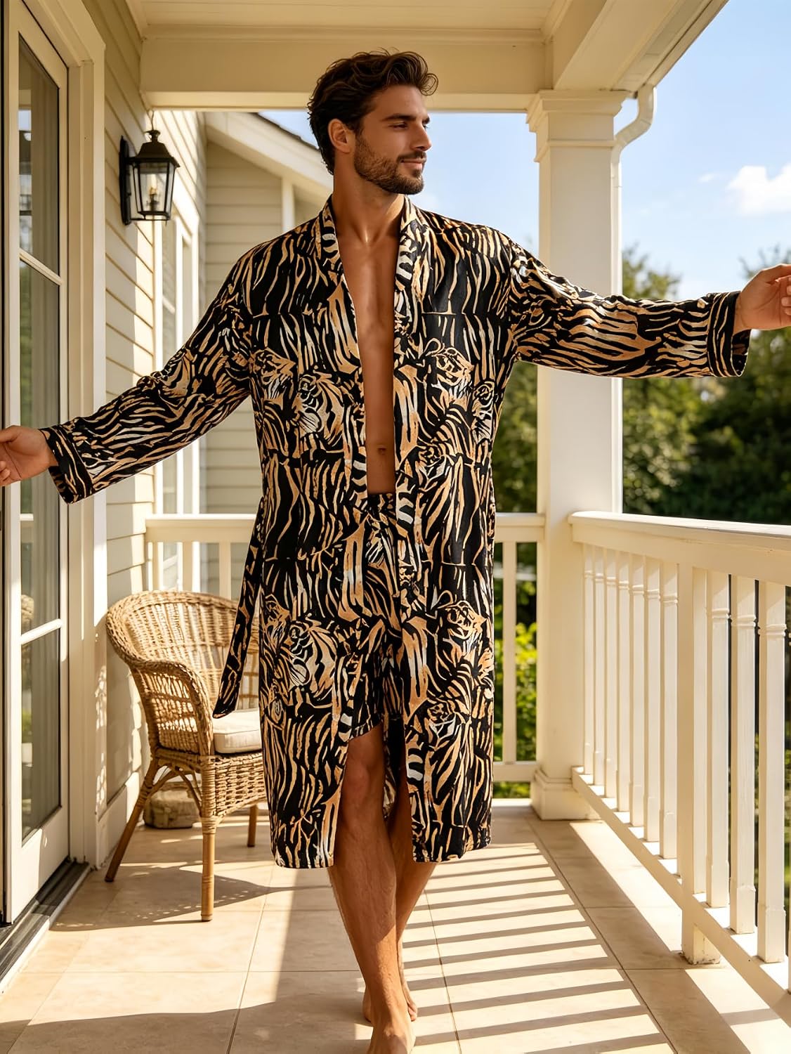 Men's Luxury Satin Robe with Tiger Print Pattern, Long Sleeve Kimono Style Bathrobe, 2 Pack