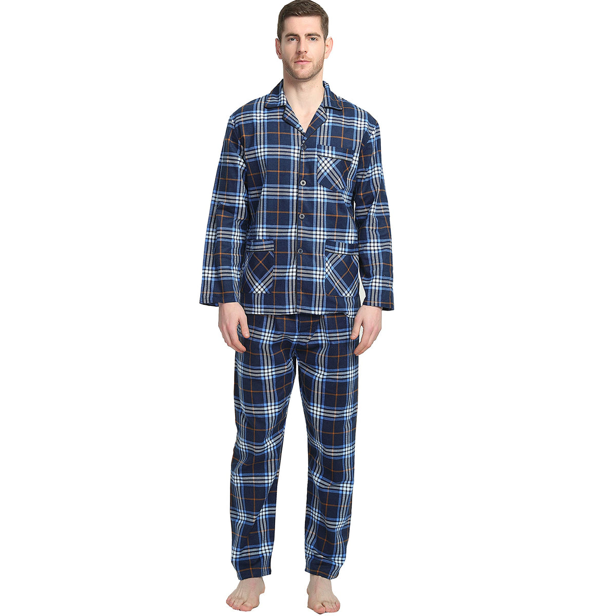 GLOBAL Men's Pajamas Sets 100% Cotton Flannel Sleepwear Long-Sleeve top & Bottom