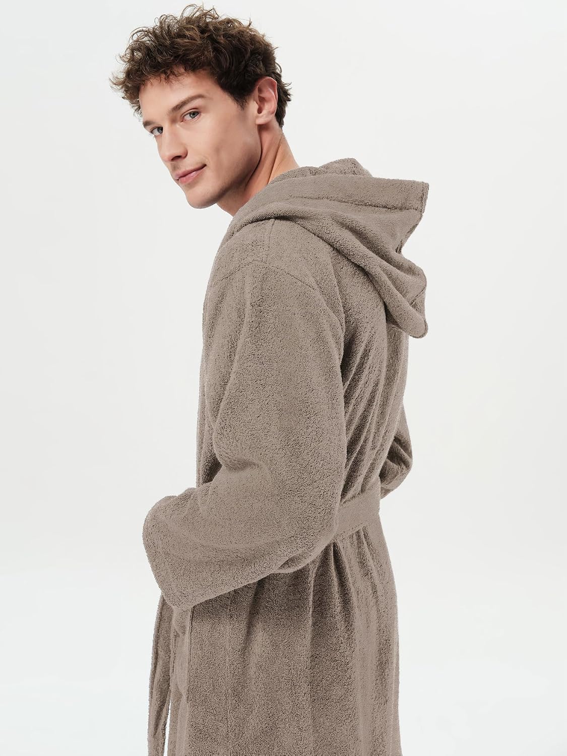 SIORO Mens Terry Bath Robe, Plush Hooded Cotton Cloth Knee-Length Robes for Spa, Shower, Soft Towel Bathrobes with Pockets
