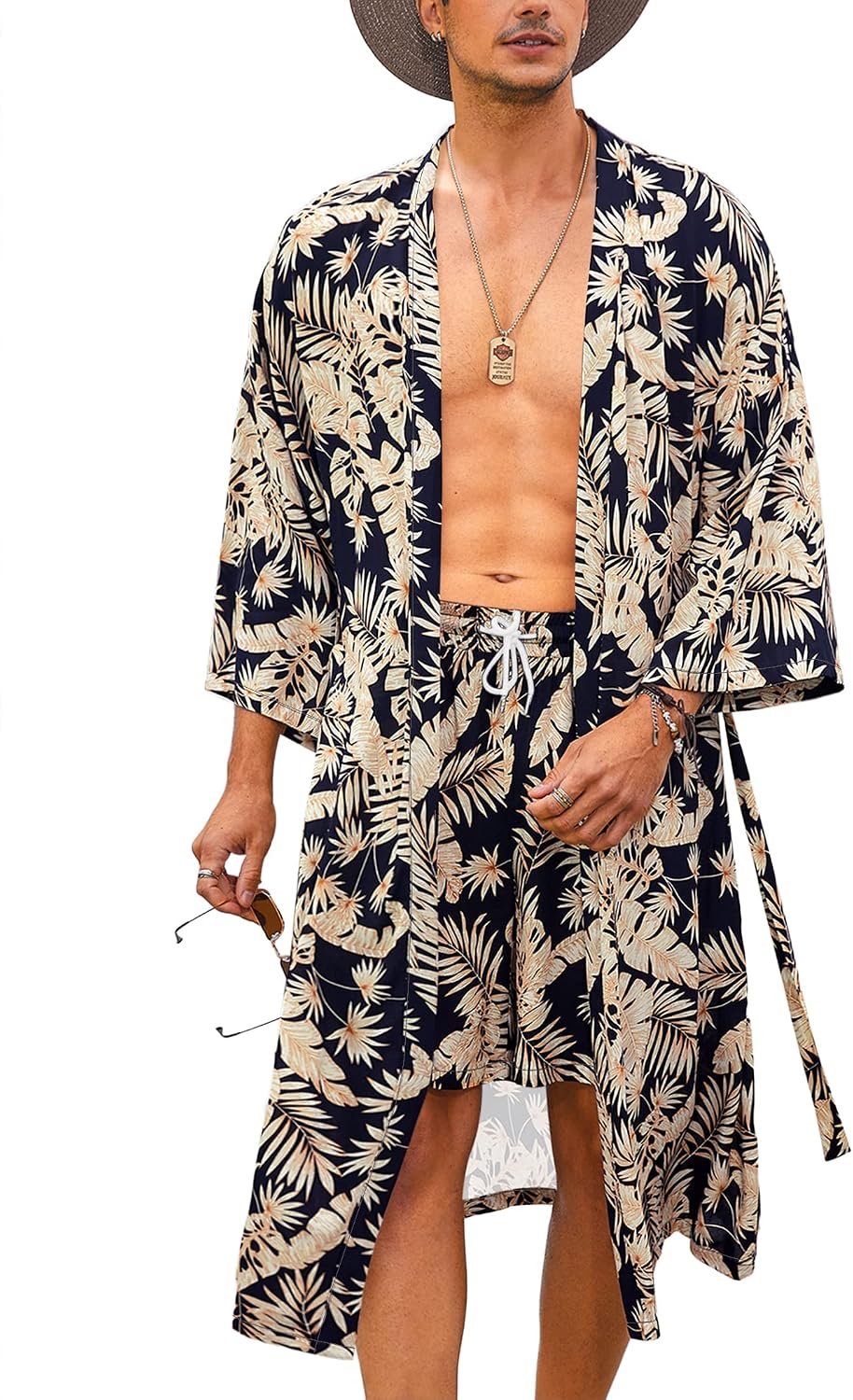 COOFANDY Men Lightweight 2 Piece Kimono Robe with Shorts Japanese Robes Casual Open Front Long Cardigan With Belt