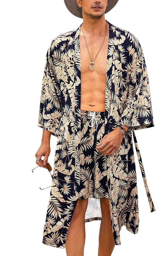 COOFANDY Men Lightweight 2 Piece Kimono Robe with Shorts Japanese Robes Casual Open Front Long Cardigan With Belt