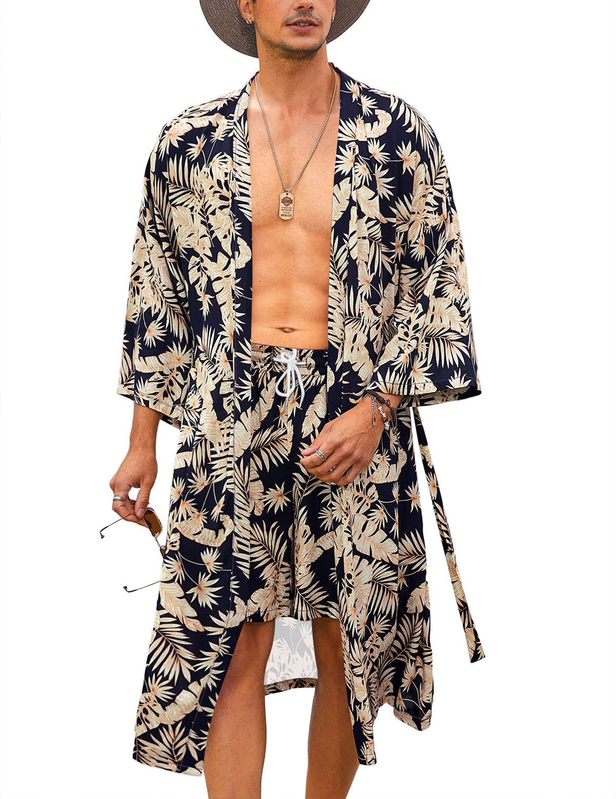 COOFANDY Men Lightweight 2 Piece Kimono Robe with Shorts Japanese Robes Casual Open Front Long Cardigan With Belt