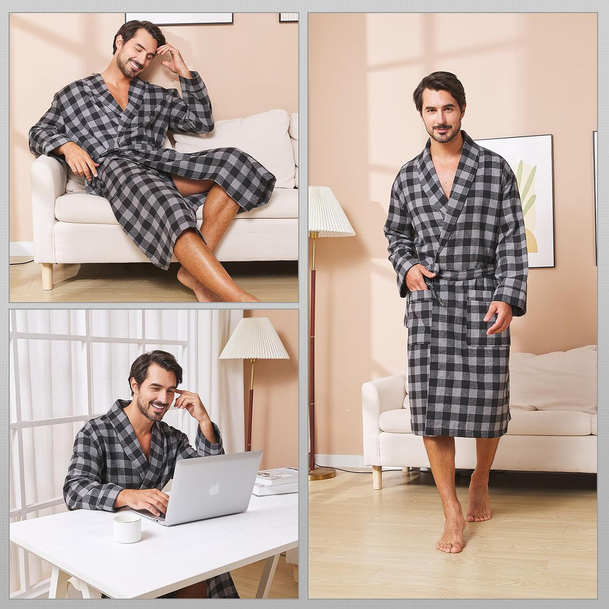 FashGudim Mens Buffalo Plaid Cotton Robe Lightweight Bathrobe Shawl Collar Kimono Sleepwear Loungewear House Robes