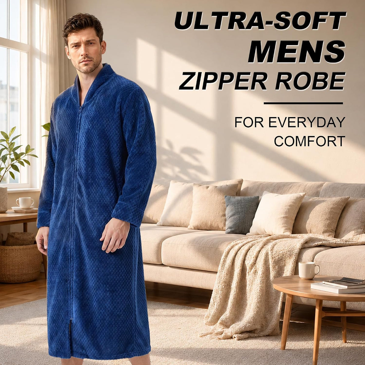 U2SKIIN Men's Fleece Zippered Bathrobe, Soft Plush Robe