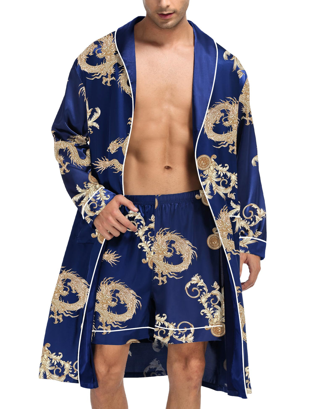 SWOMOG Men's Satin Robe Silky Kimono Bathrobe with Shorts Set Lightweight Soft Loungewear Nightwear