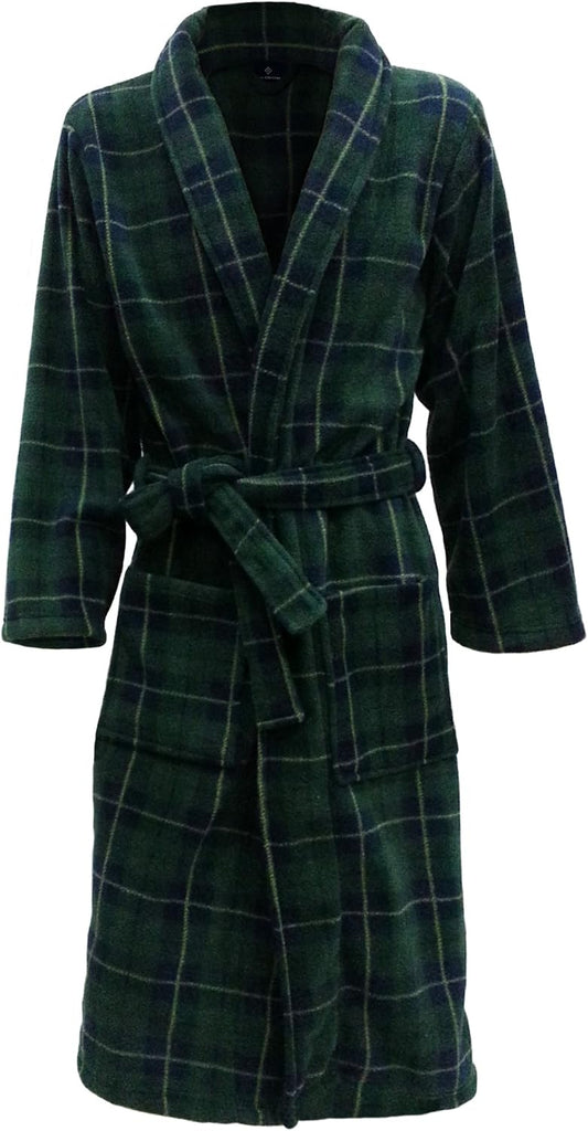 John Christian Men's Fleece Robe Green and Navy Tartan