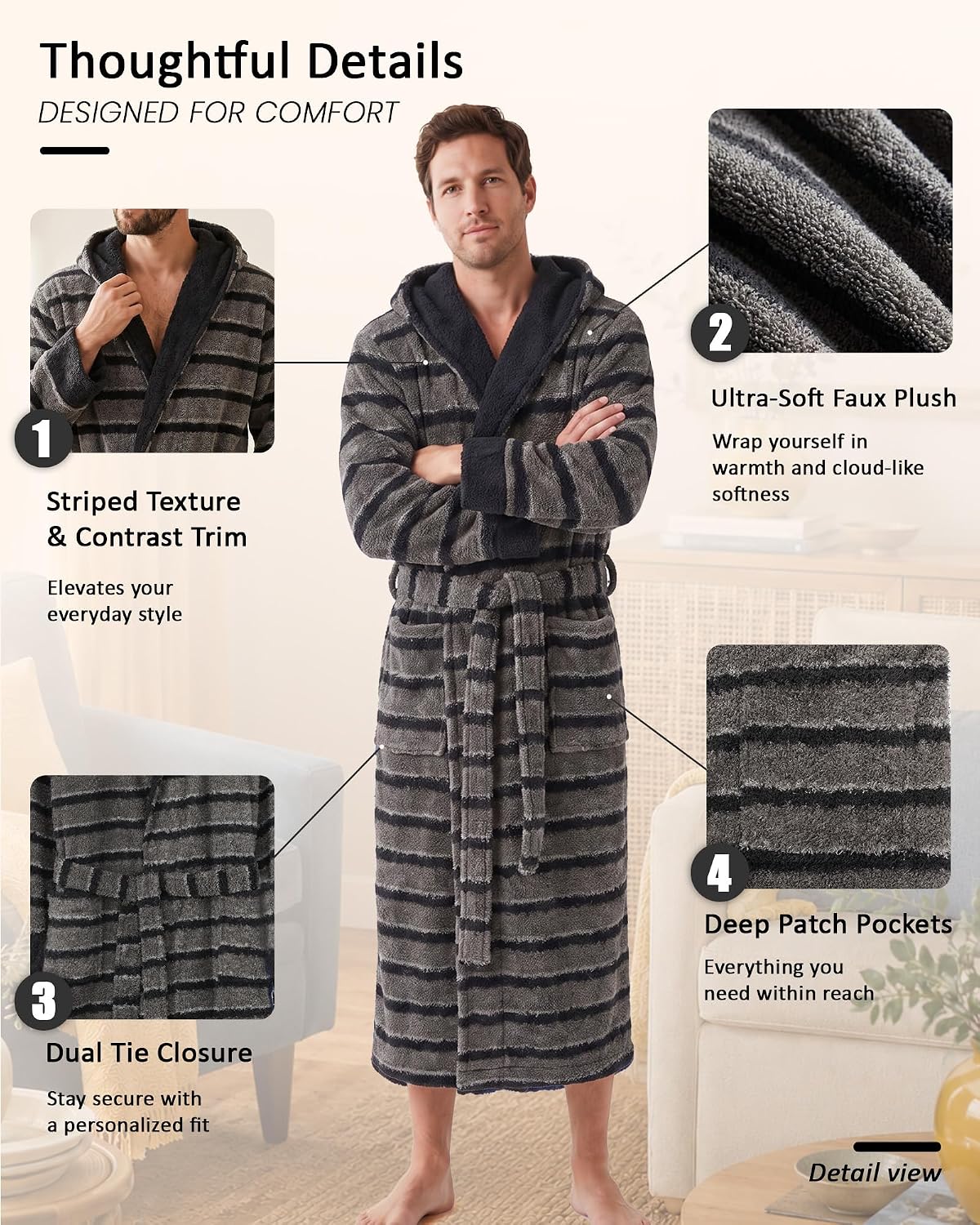 Vulcanodon Men Robe Hooded Striped Bathrobe Soft Plush Spa Robe Pockets