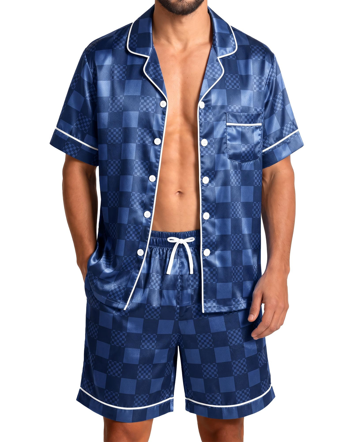 Mens Satin Silky Pajamas Set Short Sleeve Button Down Sleepwear Pjs Summer 2 PCS Loungewear with Pockets M-2XL