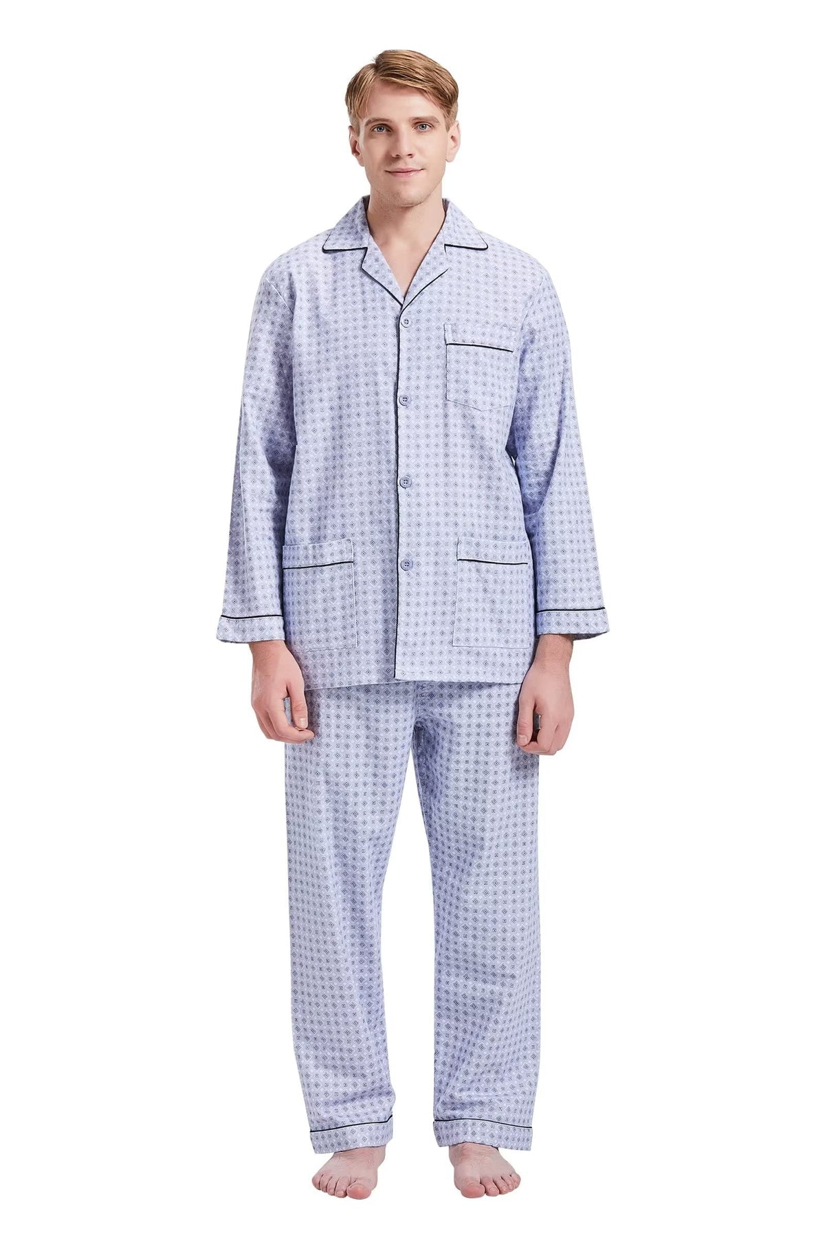 GLOBAL Men's Pajamas Sets 100% Cotton Flannel Sleepwear Long-Sleeve top & Bottom