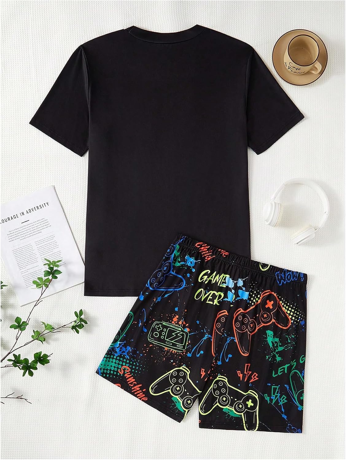 Verdusa Men's Pajamas Set 2 Piece Pjs Sets Short Sleeve Letter Print Tee and Short Lounge Set