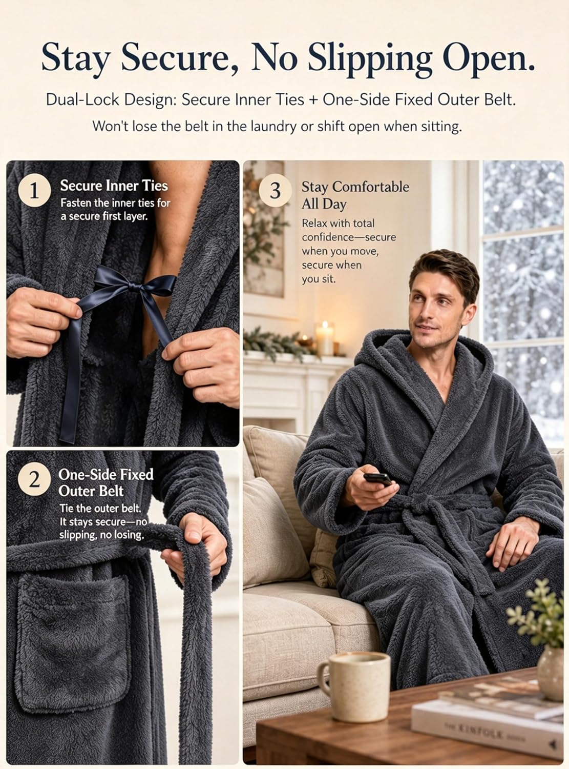 ToastyLife Mens Soft Plush Fleece Long Robe, Hooded Bathrobe with Pockets