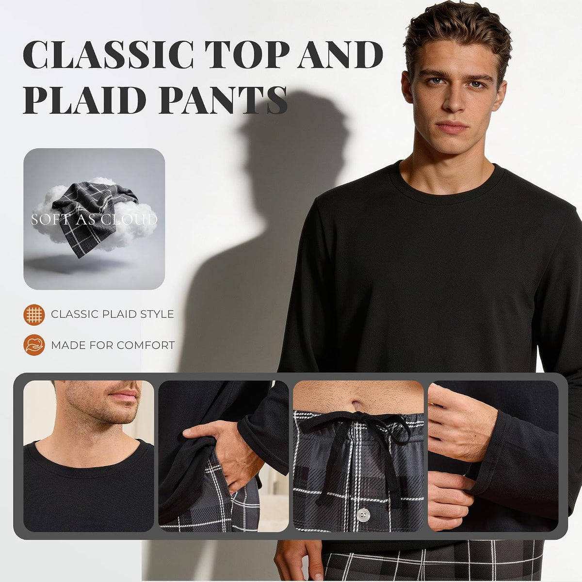 Vulcanodon Mens Pajama Set Soft Cozy Long Sleeve Crewneck Sleepwear Plaid Pants with Pockets Casual Loungewear for Men