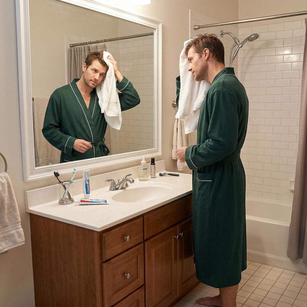 Vulcanodon Mens Organic Cotton Robe, Soft Kimono Bathrobe with Pockets
