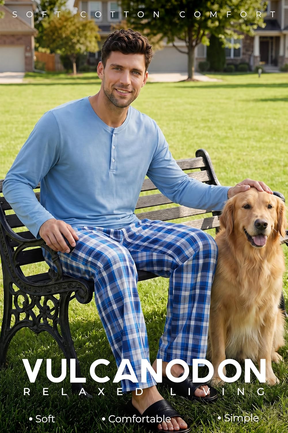 Vulcanodon Mens 100% Cotton Pajamas Set Cozy 2 Piece with Plaid Pants Pjs